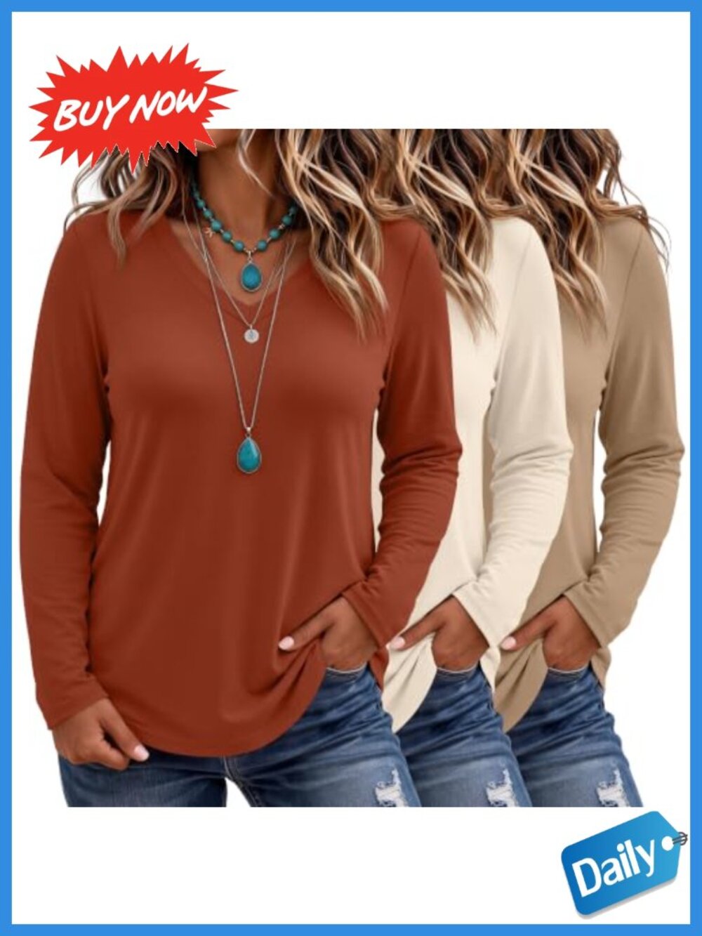 Plus Size V Neck Long Sleeve Tunics 3 Pack Stretchy Casual Shirts